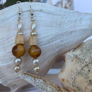 Earrings Pearl And Honey Tone Handcrafted Boho Bead Design Sterling Silver Hooks